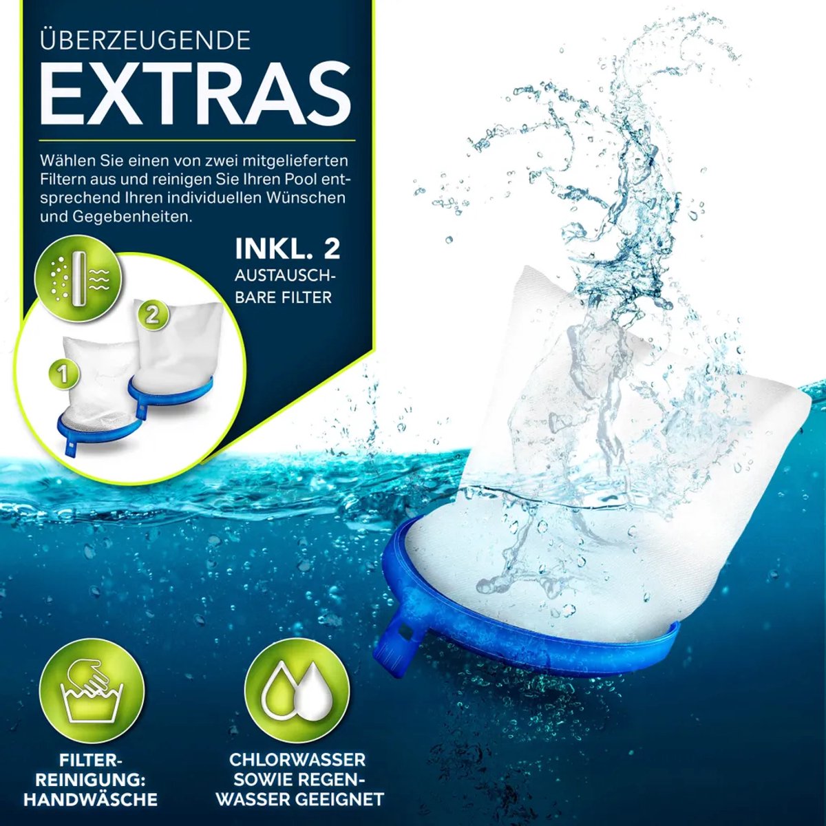 tillvex® 2x vervangend filter voor zwembadzuigers tot 15 m³ (15000 liter) | Filter voor grof en fijn vuil